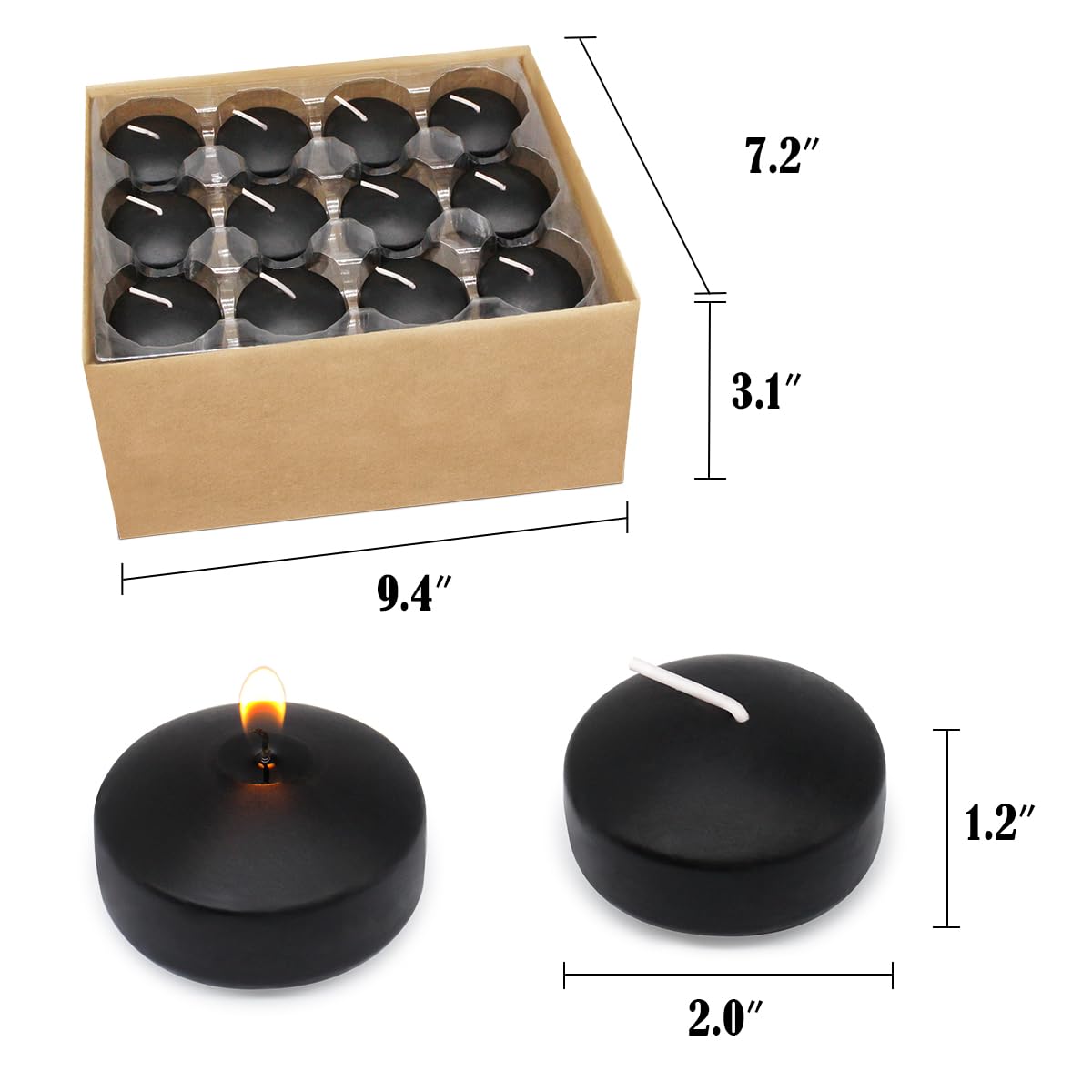 6 Hour Black Floating Candles, Unscented Small 2 Inch Dripless Pool Water Wax Candles for Cylinder Vase, Centerpiece at Wedding,